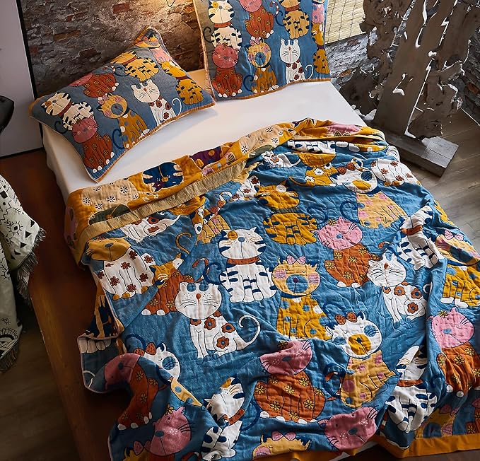 MEJU Kitty Cats Kids Child Muslin Blanket Throw Reversible Cover for Bed Sofa Couch, 100% Combed Cotton 4 Layer Soft Warm Quick Dry Throw Blanket Bed Coverlet Quilt Sheet Blue Twin 60 in x 80 in