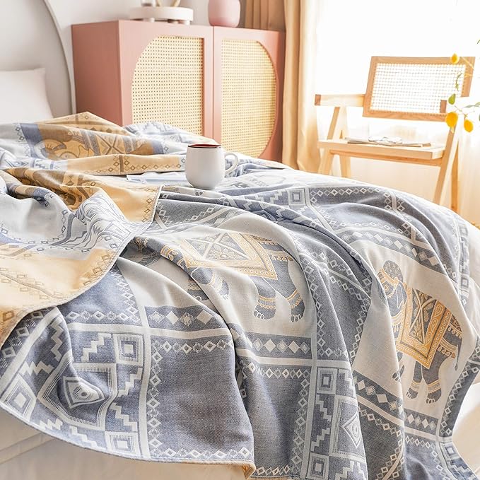 MEJU Elephant Check Geometric Muslin Lightweight Summer Blanket for Bed Sofa Couch, 100% Combed Cotton 2 Layer Soft Warm Quick Dry Throw Blanket Bed Coverlet Sheet Elephant Blue, Twin 60 in X 80 in