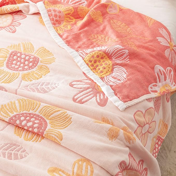 MEJU Floral Pink Cute All Season Muslin Blanket Throw for Bed Sofa Couch,100% Combed Cotton 4 Layer Soft Warm Quilt Throw Blanket Bed Coverlet Flower Twin 60" X 80"