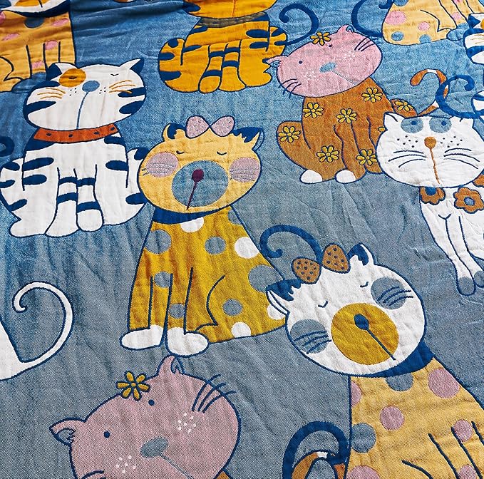 MEJU Kitty Cat Kids Child Girls Muslin Blanket Throw Reversible Cover for Bed Sofa Couch, 100% Combed Cotton 4 Layer Soft Warm Cartoon Throw Blanket Bed Cover Quilt Sheet Cats Blue F/Q 80 in x 90 in