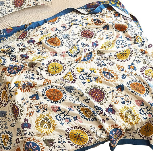 MEJU Bohemia Mandala Boho Paisley Southwest Datura Flower Throw Blanket for Bed Sofa Couch, 100% Combed Cotton 4 Layer Soft Warm Quick Dry Reversible Throw Blanket Bed Coverlet Sheet F/Q 80 in x 90 in