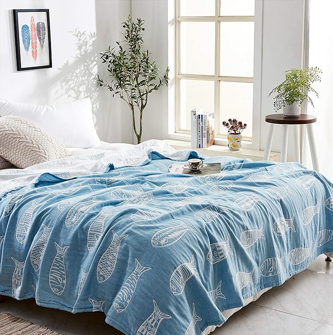 MEJU Fish Blue Muslin Lightweight Summer Blanket for Bed Sofa Couch 100% Combed Cotton 3 Layer Soft Warm Quick Dry Throw Blanket Bedspread Bed Coverlet Sheet Twin 60 in X 80 in