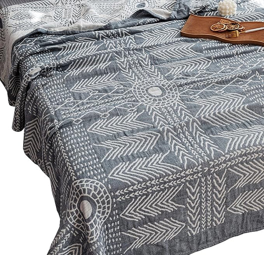 MEJU Indian Bohemia Muslin Summer Boho Blanket Throw for Bed Sofa Couch, 100% Combed Cotton 3 Layer Soft Warm Quick Dry Throw Blanket Bed Coverlet (Boho, F/Q 80 in X 90 in