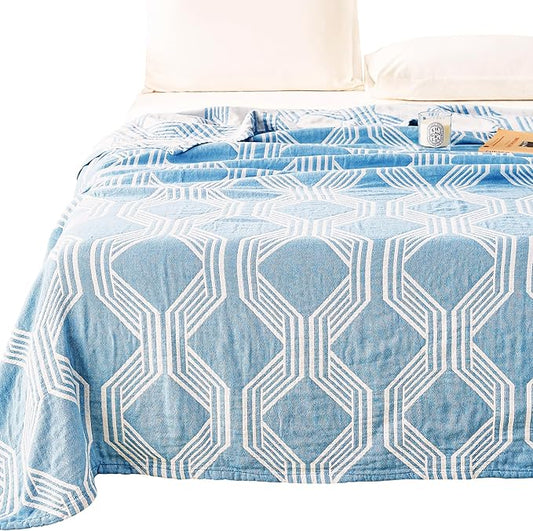 MEJU Modern Blue Stripe Geometric Checks Muslin All Season Blanket for Bed Sofa Couch 100% Cotton 3 Layer Soft Warm Bedspread Throw Blanket Bed Coverlet Sheet Twin 60 in x 80 in