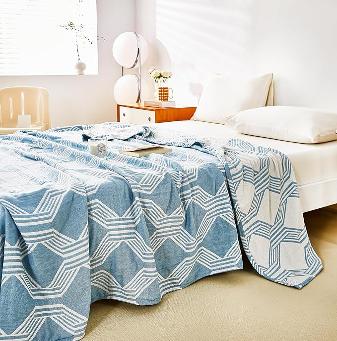 MEJU Modern Blue Stripe Geometric Checks All Season Blanket for Bed Sofa Couch 100% Cotton 3 Layer Soft Warm Bedspread Throw Blanket Bed Coverlet Sheet Full Queen 80 in x 90 in