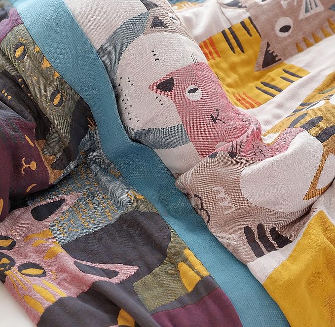MEJU Cat Kitty Kids Girls Cute Blanket Throw for Bed Sofa Couch,100% Combed Cotton 4 Layer Soft Warm Quilt Throw Blanket Cartoon Bed Coverlet Full Queen 80" X 90"