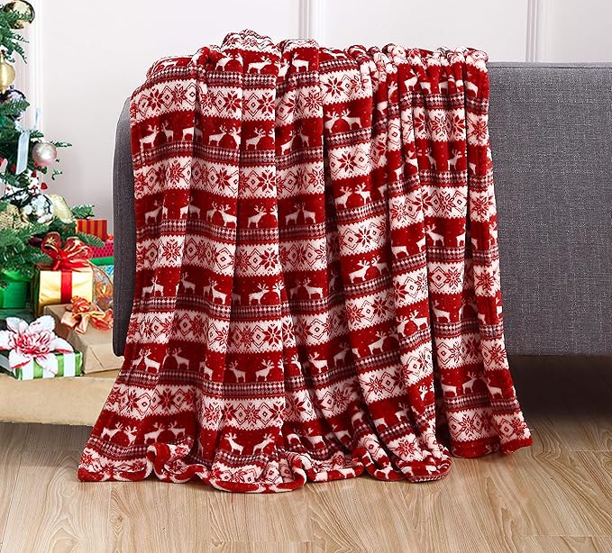Elegant Comfort Velvet Touch Ultra Plush Christmas Holiday Printed Fleece Throw/Blanket-50 x 60inch, (Double Deer)