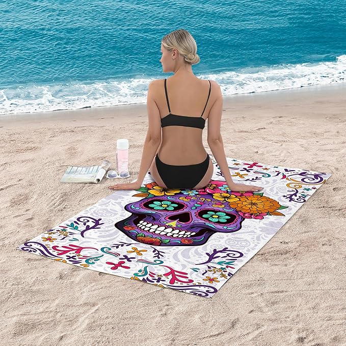 Bonsai Tree Sugar Skull Beach Towel, Purple Microfiber Bath Towel for Women, Sand Free Quick Dry Travel Towels Sugarskull for Women Yoga Sports Adults 30" X 60"