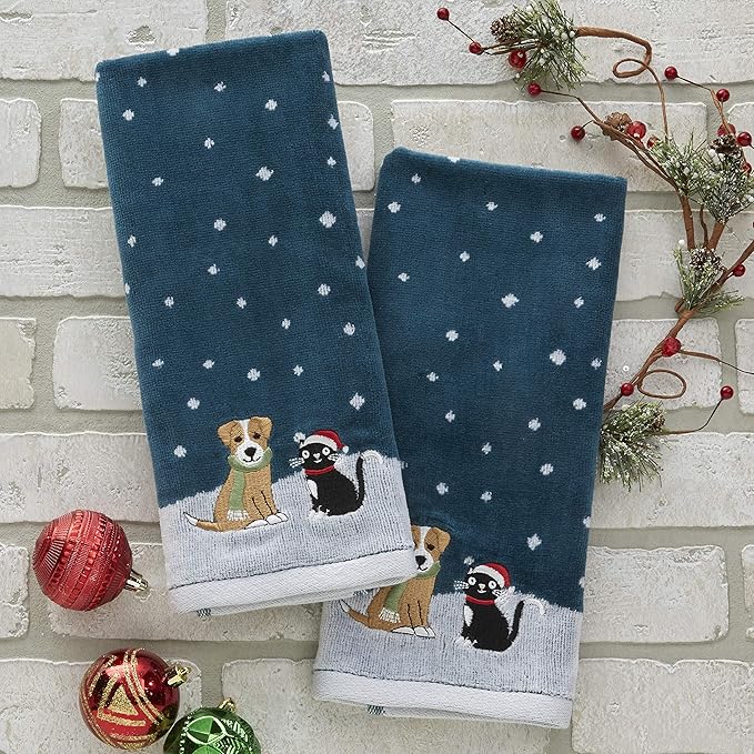 SKL Home Christmas/Winter Cat & Dog Hand Towel 2pc Set for Bath/Kitchen & Gift, Teal