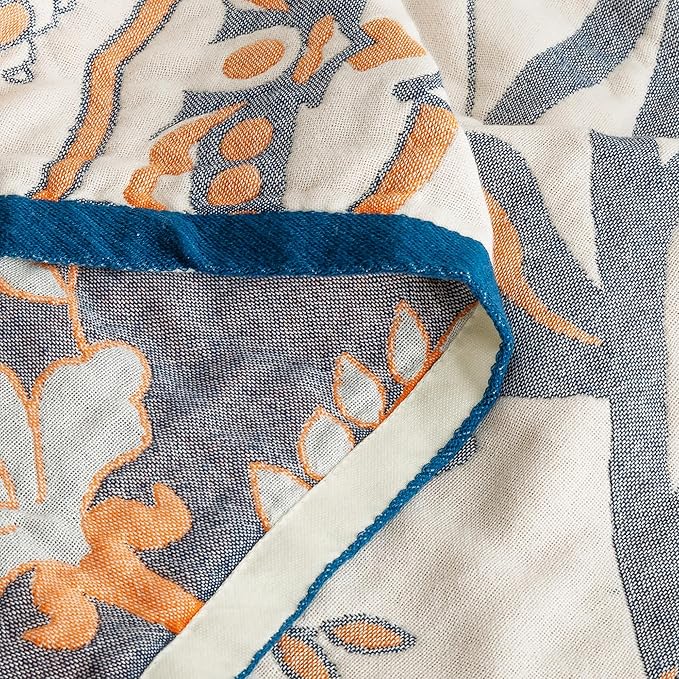 MEJU Round Flower Branch Boho Mandala Muslin All Season Throw Blanket for Bed Sofa Couch, 100% Combed Cotton 4 Layer Soft Warm Farmhouse Retro Throw Blanket Bed Coverlet Twin 60 in x 80 in