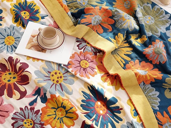 MEJU Boho Reversible Rustic Farmhouse Colourful Flower Bloom Daisy Blanket Twin for Bed Sofa Couch, 100% Combed Cotton 4 Layer Soft Warm Floral Throw Blanket Bed Coverlet Sheet F/Q 80 in x 90 in