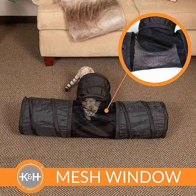 K&H Pet Products Cat Tunnel Tube Toys 3 Way Collapsible, Interactive Play Tube with Peek Hole for Indoor Cats, Kittens, Puppies, Rabbits; Compatible with K&H Cat Towers - Black 33" x 20" x 9"