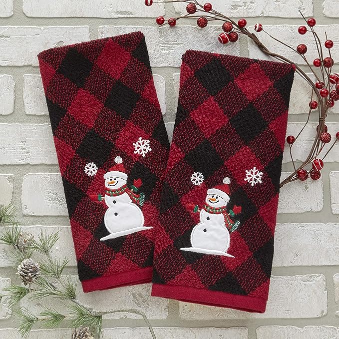 SKL Home Christmas/Winter Snowman Hand Towel 2pc Set for Bath/Kitchen/Bar & Gift, Red/Black