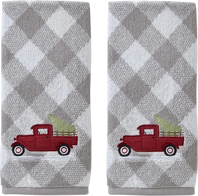 SKL Home Christmas/Winter Farm Truck Hand Towel 2pc Set for Bath/Kitchen/Bar & Gift, Gray