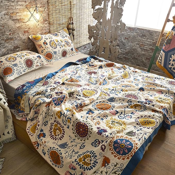MEJU Bohemia Mandala Boho Paisley Southwest Datura Flower Throw Blanket for Bed Sofa Couch, 100% Combed Cotton 4 Layer Soft Warm Quick Dry Reversible Throw Blanket Bed Coverlet Sheet F/Q 80 in x 90 in