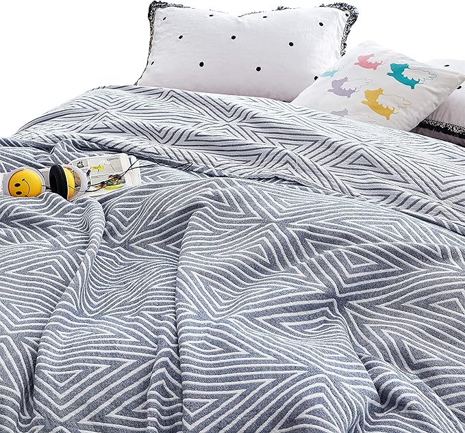 MEJU Blue Striped Checks Triange Muslin Reversible Throw Blanket for Bed Sofa Couch 100% Combed Cotton 3 Layer Soft Warm Quick Dry Throw Blanket Bedspread Bed Coverlet Sheet Full Queen 80 in X 90 in