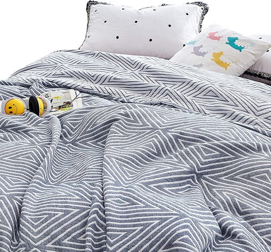 MEJU Blue Striped Checks Triange Muslin Reversible Throw Blanket for Bed Sofa Couch 100% Combed Cotton 3 Layer Soft Warm Quick Dry Throw Blanket Bedspread Bed Coverlet Sheet Full Queen 80 in X 90 in