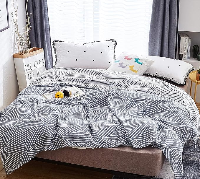 MEJU Blue Striped Checks Triange Muslin Reversible Throw Blanket for Bed Sofa Couch 100% Combed Cotton 3 Layer Soft Warm Quick Dry Throw Blanket Bedspread Bed Coverlet Sheet Full Queen 80 in X 90 in