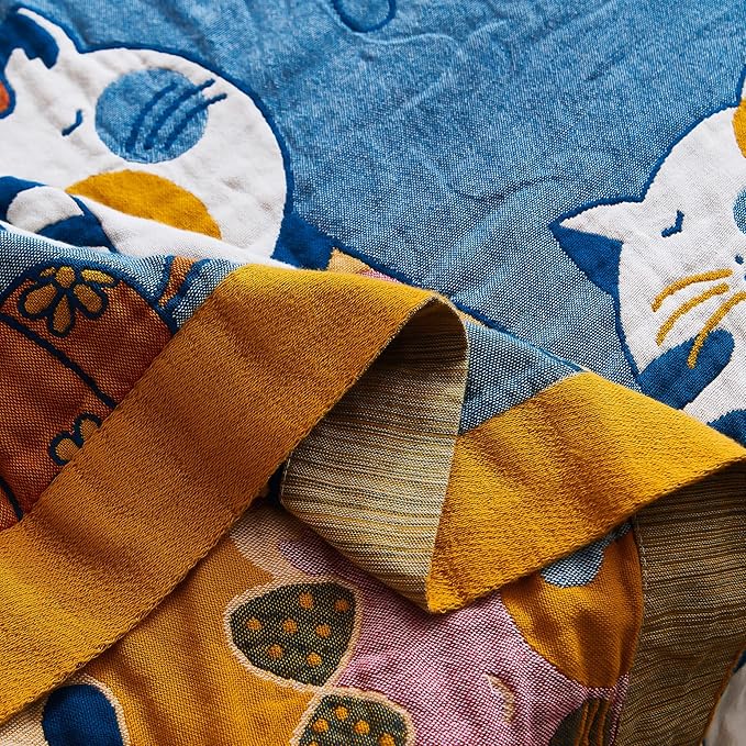 MEJU Kitty Cat Kids Child Girls Muslin Blanket Throw Reversible Cover for Bed Sofa Couch, 100% Combed Cotton 4 Layer Soft Warm Cartoon Throw Blanket Bed Cover Quilt Sheet Cats Blue F/Q 80 in x 90 in