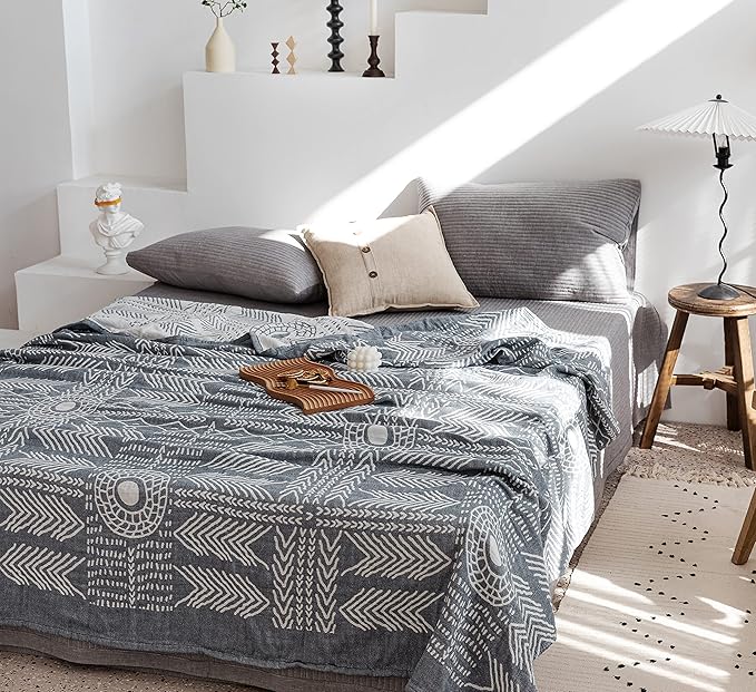 MEJU Indian Boho Muslin Lightweight Summer Blanket for Bed Sofa Couch, 100% Combed Cotton 3 Layer Soft Warm Quick Dry Throw Blanket Bed Coverlet Sheet (Boho, Twin 60 in X 80 in