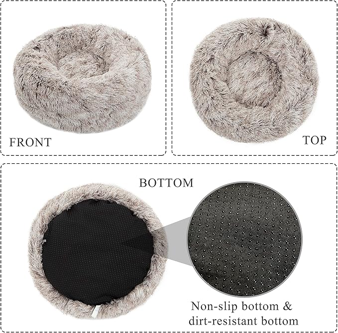 Calming Donut Dog Bed Large, Plush Round Cuddler Dog & Cat Bed, Anit-Anxiety Marshmellow Fluffy Faux Fur Cushion(28", Brown)