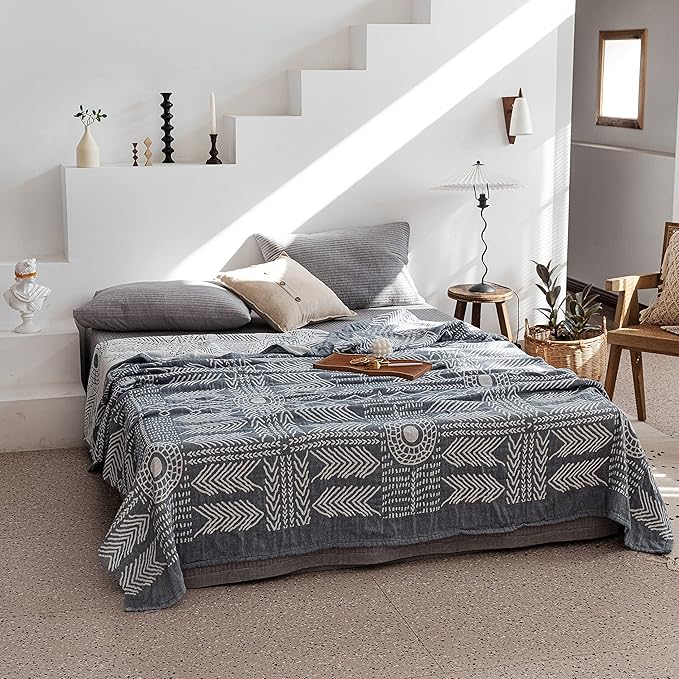 MEJU Indian Bohemia Muslin Summer Boho Blanket Throw for Bed Sofa Couch, 100% Combed Cotton 3 Layer Soft Warm Quick Dry Throw Blanket Bed Coverlet (Boho, F/Q 80 in X 90 in