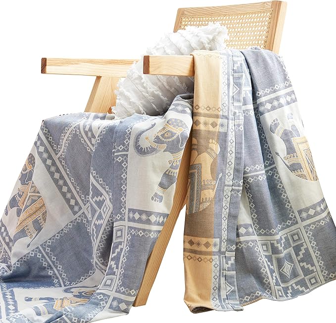 MEJU Elephant Check Geometric Muslin Lightweight Summer Blanket for Bed Sofa Couch, 100% Combed Cotton 2 Layer Soft Warm Quick Dry Throw Blanket Bed Coverlet Sheet Elephant Blue, Twin 60 in X 80 in