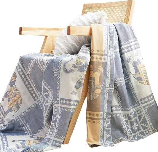 MEJU Elephant Check Geometric Muslin Lightweight Summer Blanket for Bed Sofa Couch, 100% Combed Cotton 2 Layer Soft Warm Quick Dry Throw Blanket Bed Coverlet Sheet Elephant Blue, Twin 60 in X 80 in
