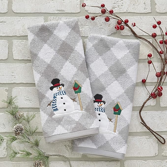 SKL Home Christmas/Winter Snowman & Birdhouse Hand Towel 2pc Set for Bath/Kitchen/Bar & Gift, Gray