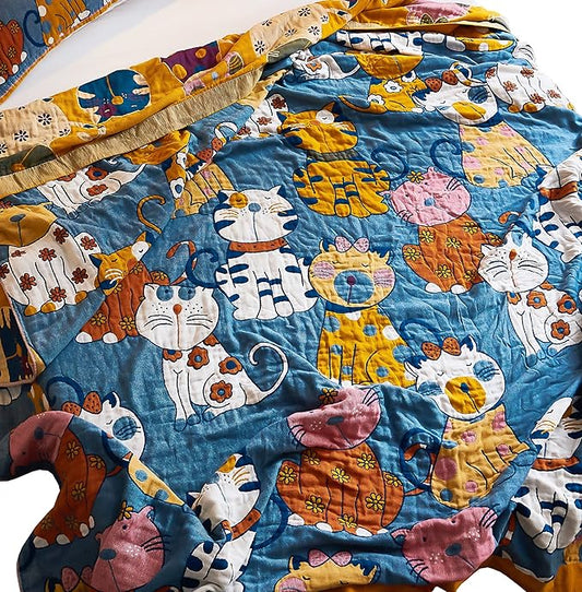 MEJU Kitty Cat Kids Child Girls Muslin Blanket Throw Reversible Cover for Bed Sofa Couch, 100% Combed Cotton 4 Layer Soft Warm Cartoon Throw Blanket Bed Cover Quilt Sheet Cats Blue F/Q 80 in x 90 in