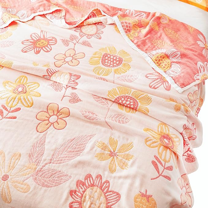 MEJU Floral Pink Cute All Season Muslin Blanket Throw for Bed Sofa Couch,100% Combed Cotton 4 Layer Soft Warm Quilt Throw Blanket Bed Coverlet Flower Twin 60" X 80"
