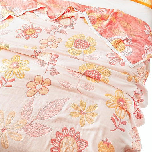 MEJU Floral Pink Cute All Season Muslin Blanket Throw for Bed Sofa Couch,100% Combed Cotton 4 Layer Soft Warm Quilt Throw Blanket Bed Coverlet Flower Twin 60" X 80"
