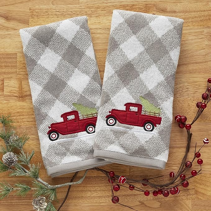 SKL Home Christmas/Winter Farm Truck Hand Towel 2pc Set for Bath/Kitchen/Bar & Gift, Gray