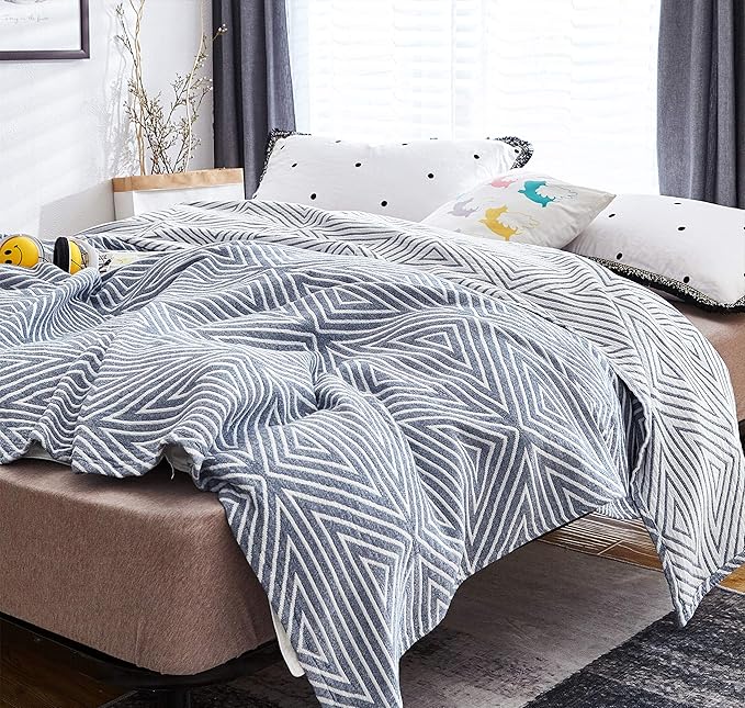 MEJU Blue Striped Checks Triange Muslin Reversible Throw Blanket for Bed Sofa Couch 100% Combed Cotton 3 Layer Soft Warm Quick Dry Throw Blanket Bedspread Bed Coverlet Sheet Full Queen 80 in X 90 in